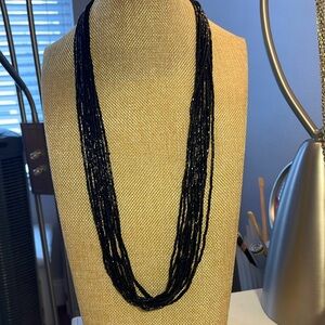 Black multi-strand glass bugle bead necklace with spring ring clasp - vintage